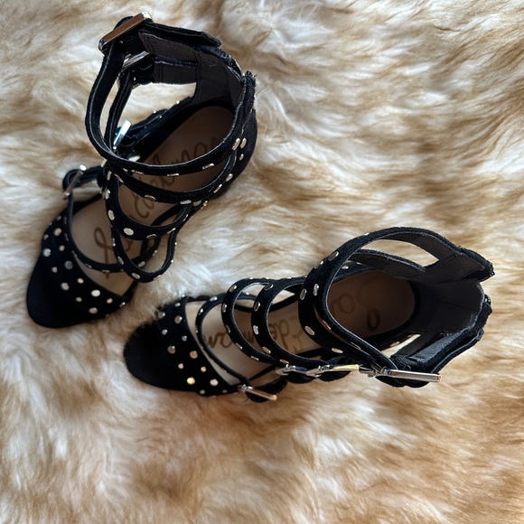 New Sam Edelman York Studded Heeled Sandals Black Suede Strappy Gladiator Heels - Picture 6 of 6